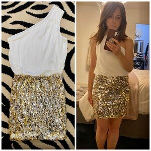 White and Gold Sequin One-Shoulder Mini Dress SMALL